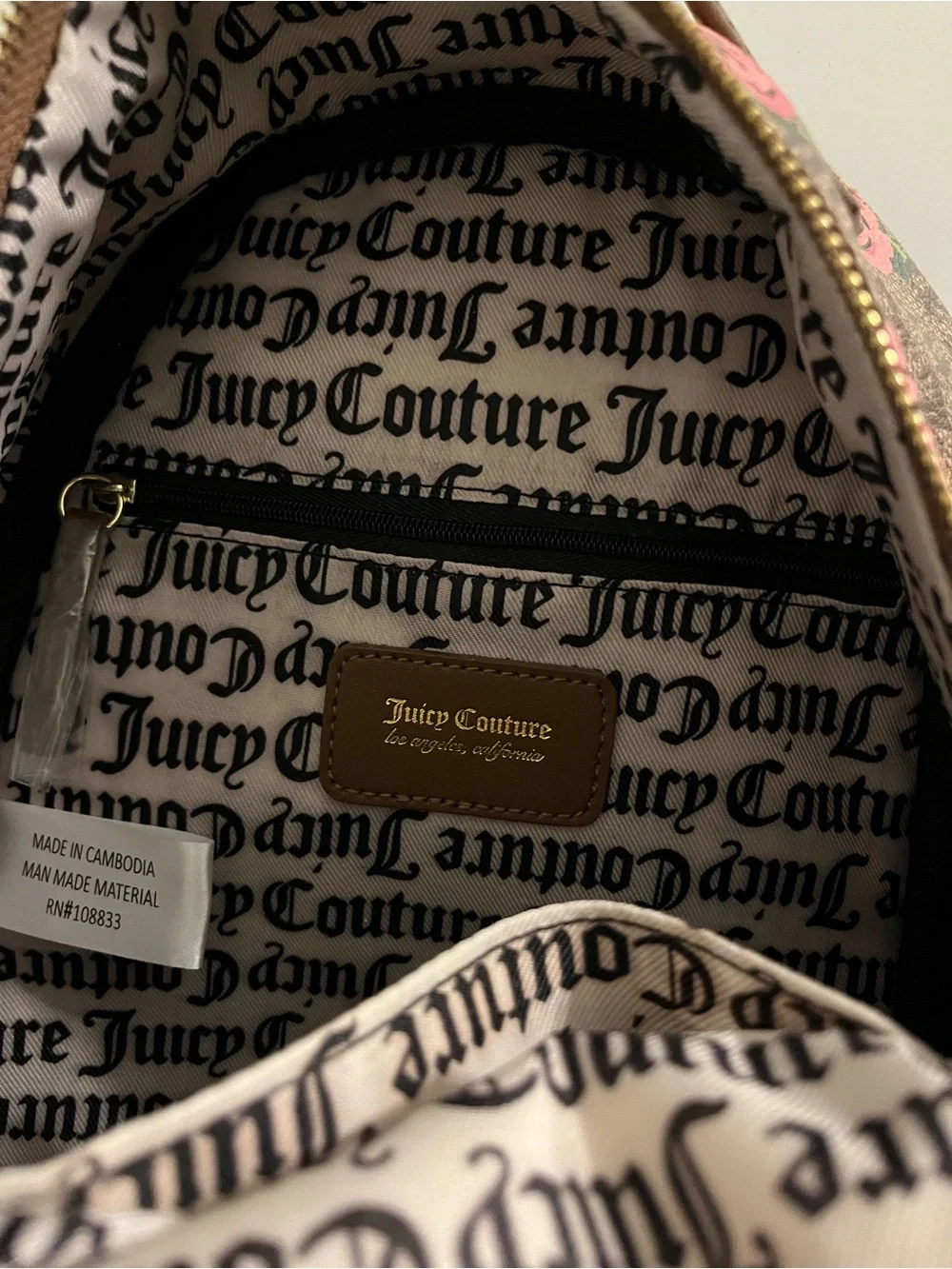 Juicy Couture Brown Logo Backpack with Pink Rose Print